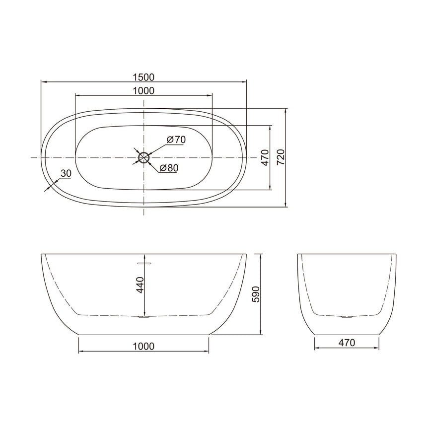 Bath technical dimensions diagram for BelBagno Ally 1500mm freestanding acrylic bathtub by Tilemall