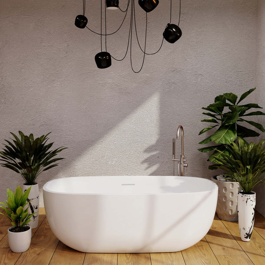 BelBagno Ally oval bath in modern bathroom with pendant lights and potted plants by Tilemall