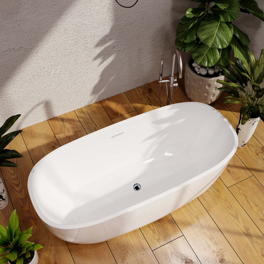 BelBagno Ally oval freestanding acrylic bath on timber floor with plants and tap detail by Tilemall