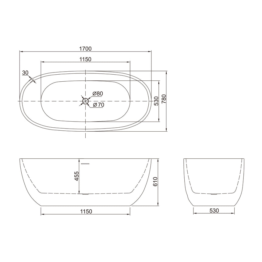 Bath technical dimensions diagram for BelBagno Ally 1700mm oval freestanding acrylic bathtub by Tilemall