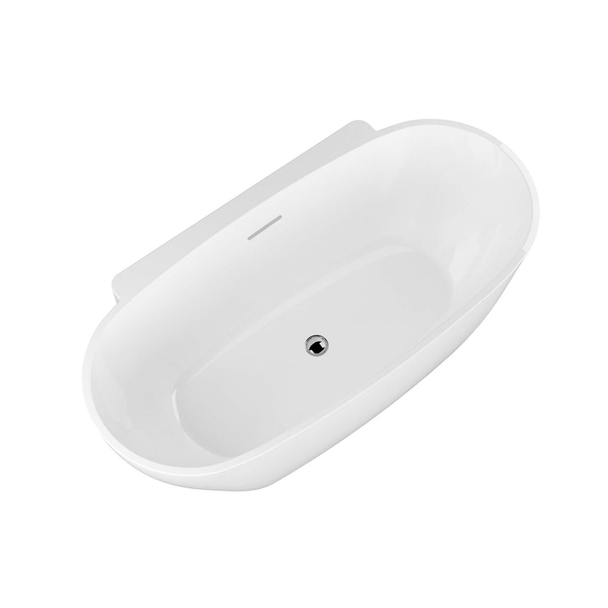 Palermo freestanding bathtub by Tilemall, angled side view of gloss white oval acrylic BelBagno bath