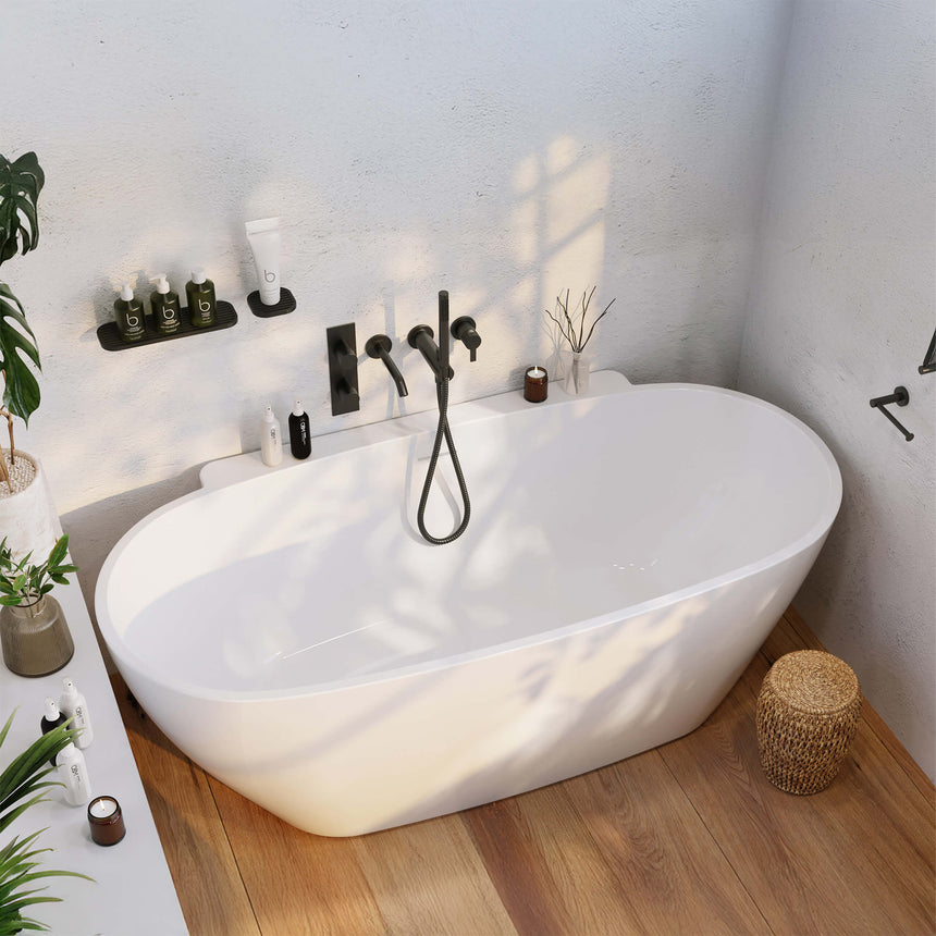 BelBagno Bath palermo freestanding bathtub by Tilemall installed in modern bathroom with wood flooring