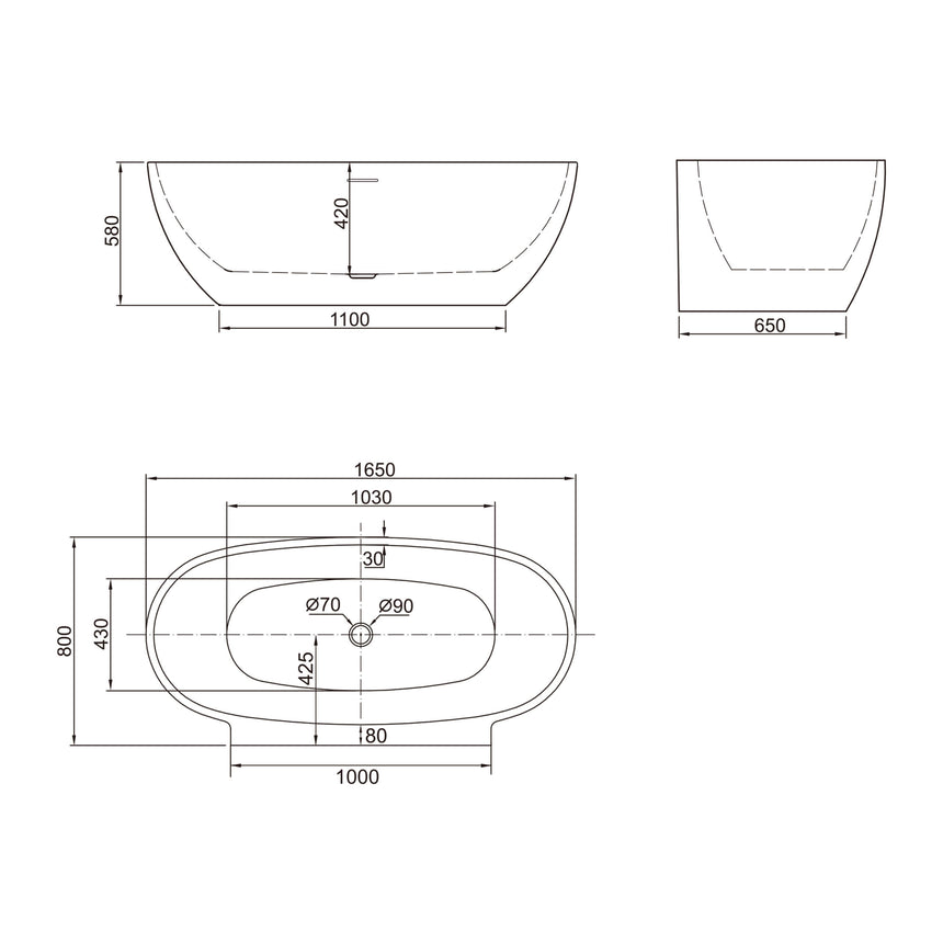 BelBagno Bath technical dimensions diagram for Palermo 1650mm freestanding acrylic bathtub by Tilemall