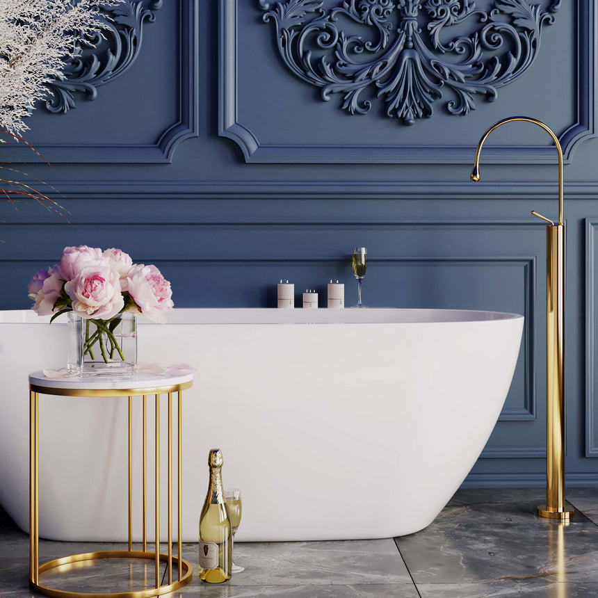 BelBagno Bath palermo freestanding acrylic bathtub by Tilemall in gloss white against navy feature wall