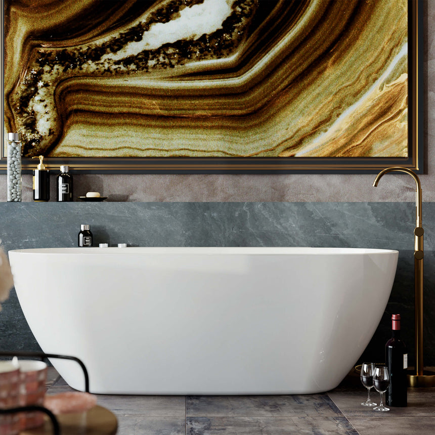 BelBagno Bath palermo freestanding acrylic bathtub by Tilemall, gloss white, installed in luxury ensuite
