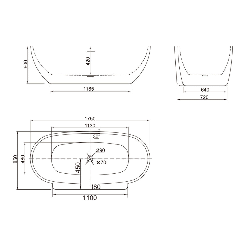 BelBagno Bath technical dimensions diagram for Palermo 1750mm freestanding acrylic bathtub by Tilemall
