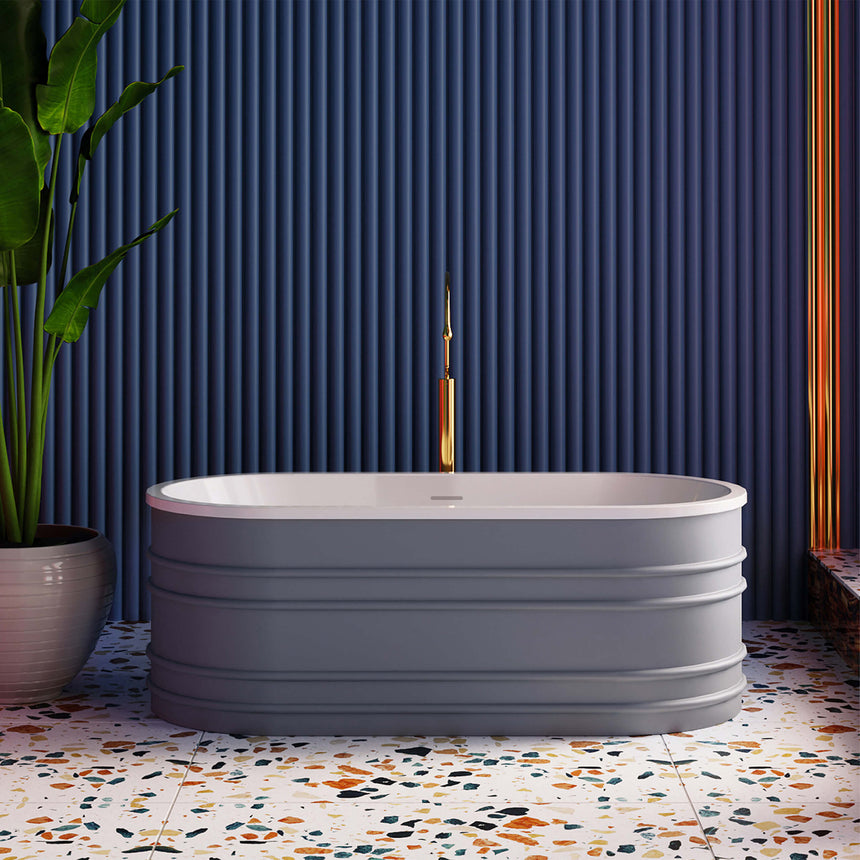BelBagno Bath freestanding oval solid surface bathtub by Tilemall, 1675mm, matt grey with white interior and centre tap