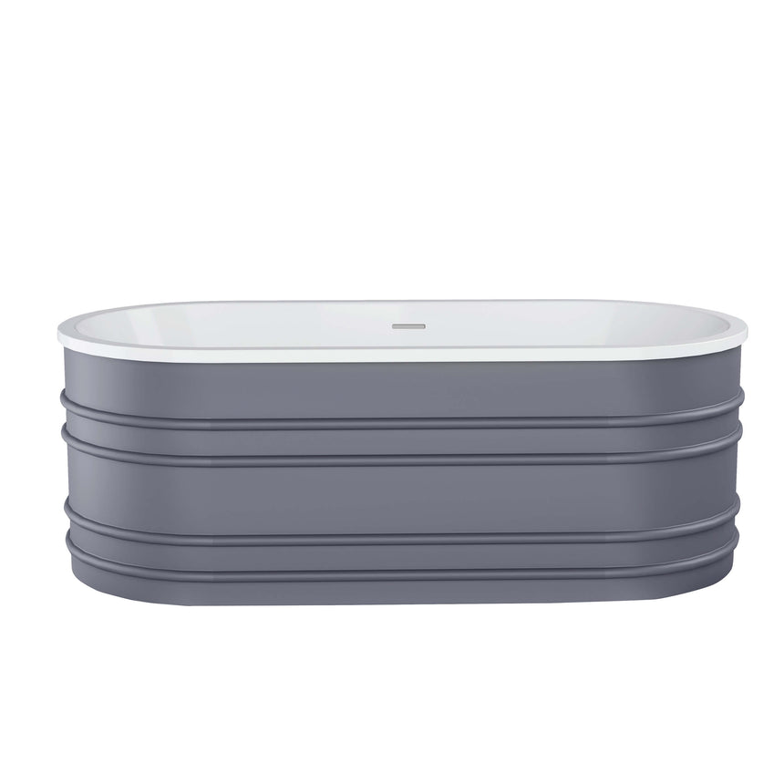 BelBagno Bath side view of Bucciano freestanding bathtub by Tilemall, matt grey with horizontal ribbed detail bands