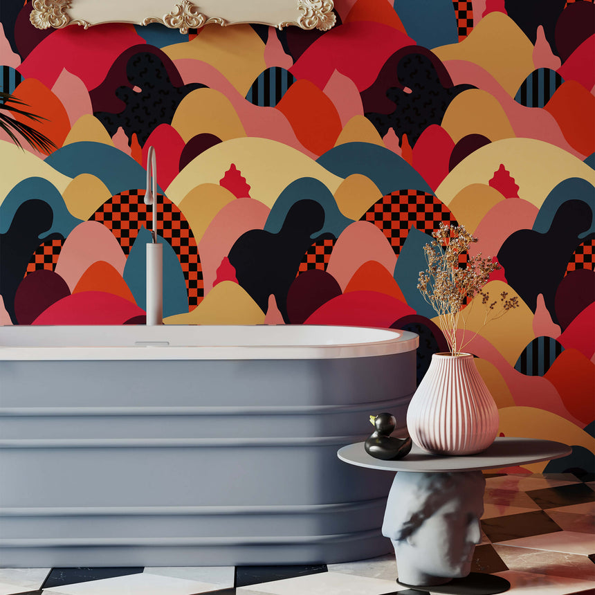 BelBagno Bath bucciano bathtub in bathroom interior with colourful abstract wall pattern and chrome filler tap by Tilemall