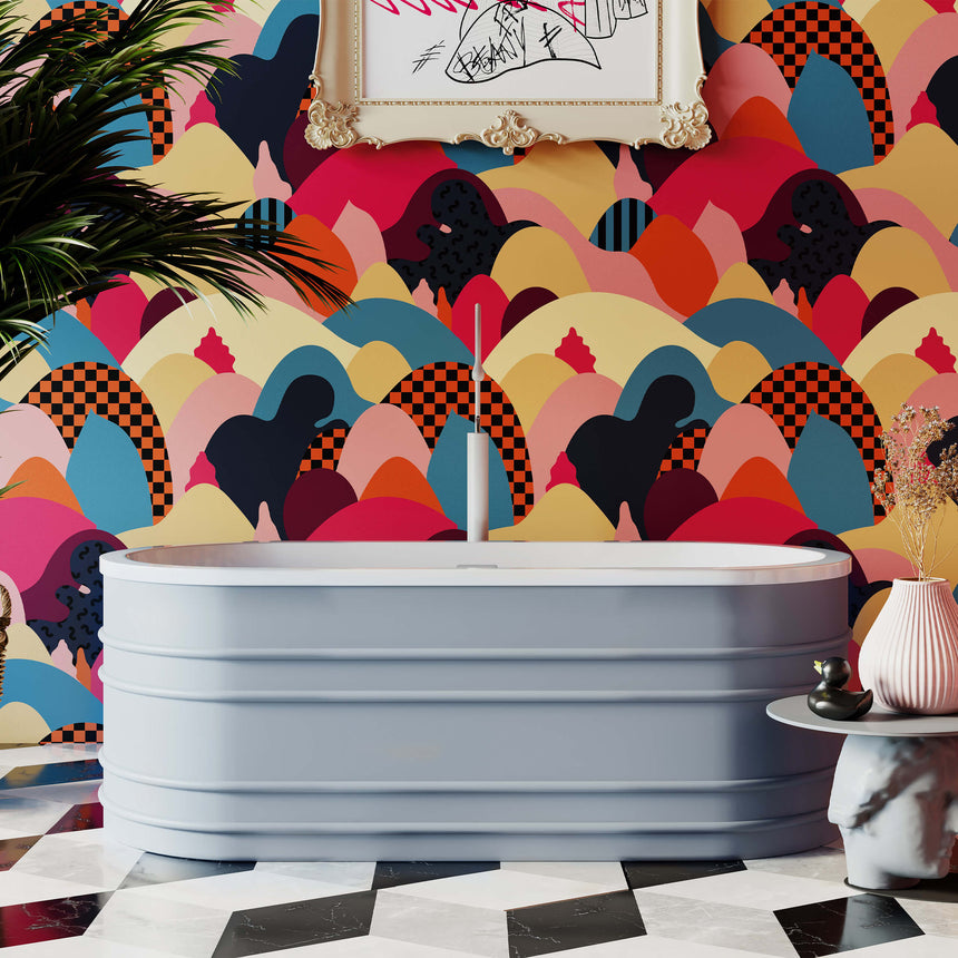 BelBagno Bath bucciano bathtub positioned against geometric patterned wallpaper, side view with standing tap by Tilemall