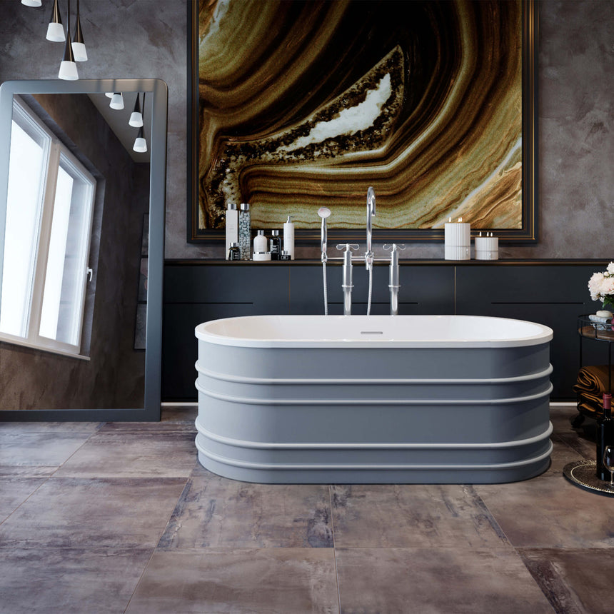 BelBagno Bath bucciano bathtub in luxury bathroom with black panel walls, dark marble art and pendant lights by Tilemall