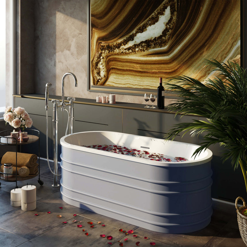 BelBagno Bath bucciano white freestanding bathtub with horizontal ribbed bands, floor-mounted chrome tap installation by Tilemall