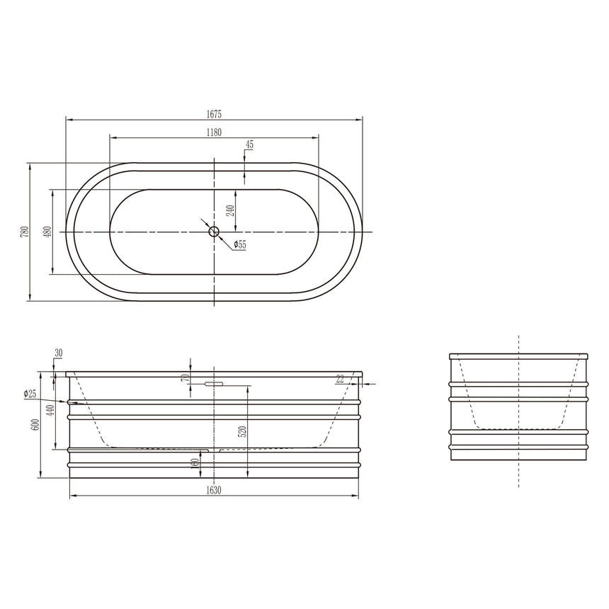 BelBagno Bath technical dimensions diagram for Bucciano 1675mm freestanding bathtub showing top, side and end views by Tilemall