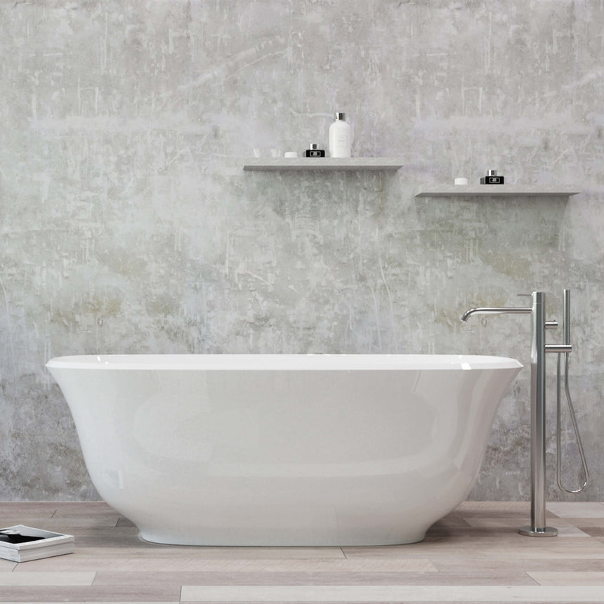 BelBagno Bath Baden freestanding acrylic bathtub by Tilemall, 1500mm gloss white, side profile in bathroom