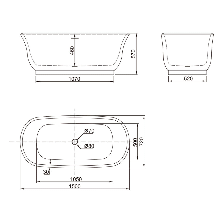 Technical dimensions diagram for BelBagno Baden 1500mm freestanding acrylic bath by Tilemall