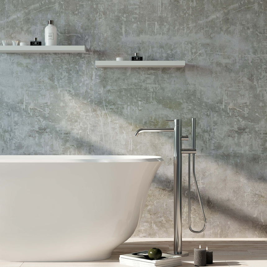 BelBagno Bath baden freestanding bathtub by Tilemall in gloss white, 1700mm, positioned in modern ensuite with concrete