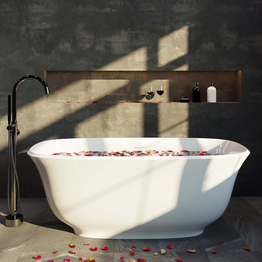 Baden freestanding acrylic bathtub by Tilemall in gloss white, 1700mm, with black floor-mounted tap and wooden shelf backdrop
