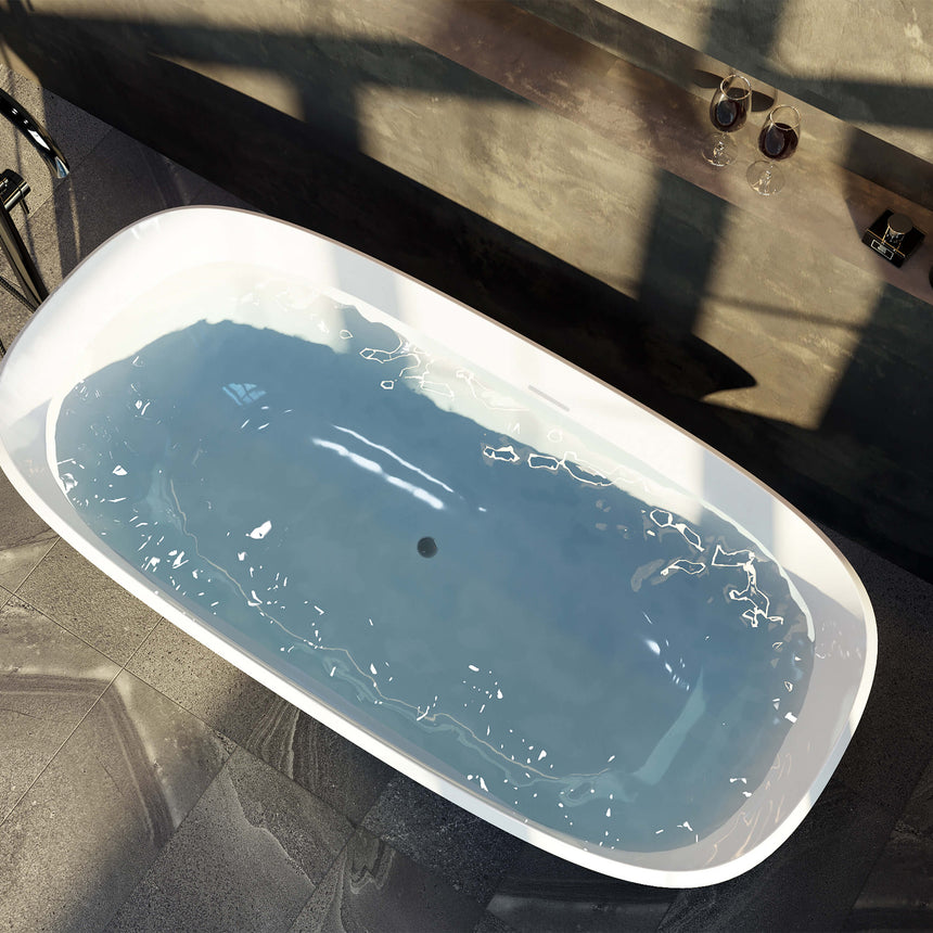 BelBagno Bath close-up of Baden acrylic bathtub by Tilemall showing gloss white interior surface and smooth rim edge