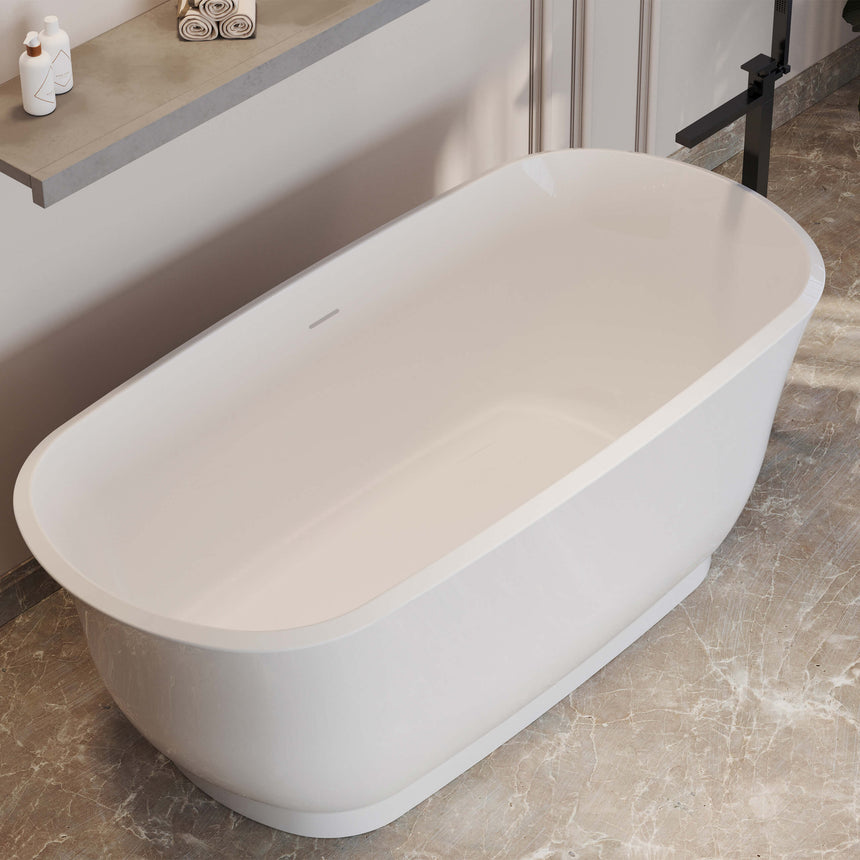 Angled view of Baden 1700mm freestanding acrylic BelBagno bath by Tilemall, gloss white with brushed nickel floor tap