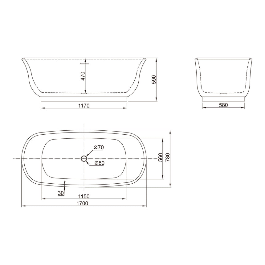 Technical dimensions diagram for Baden 1700mm freestanding acrylic bathtub by Tilemall showing 1170mm width and 590mm depth