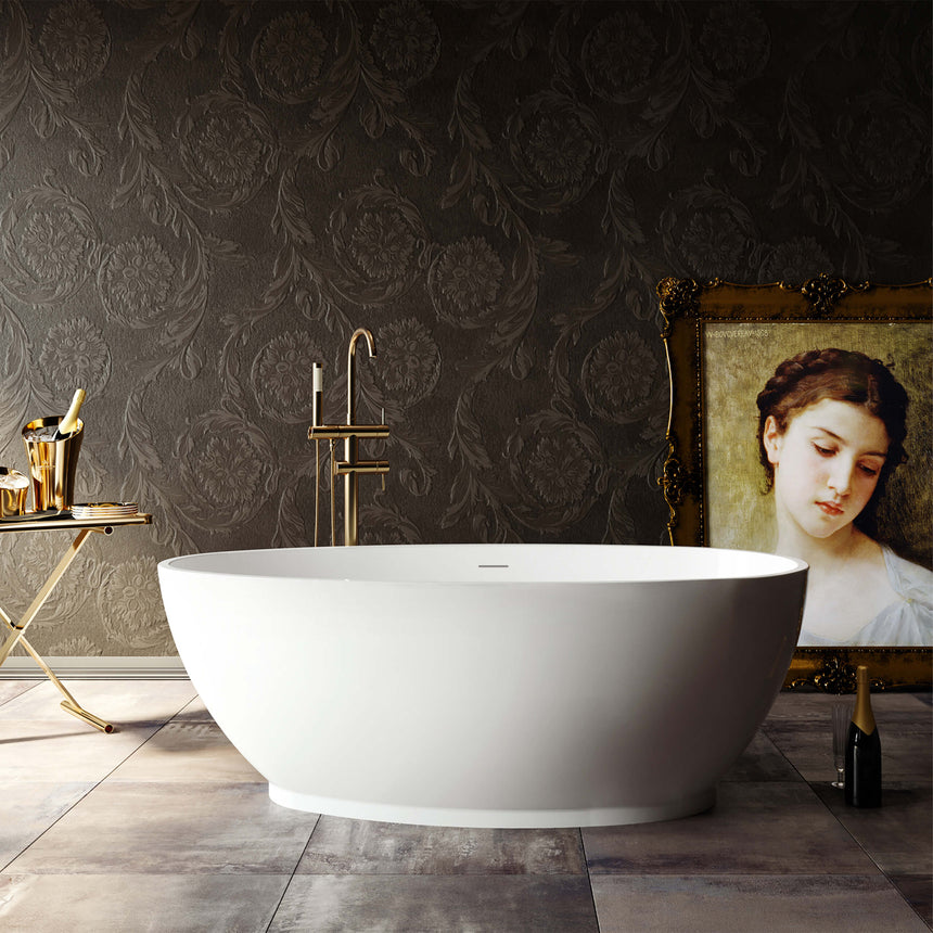 BelBagno Bath freestanding oval acrylic bathtub by Tilemall in gloss white, 1700mm, installed in bathroom interior