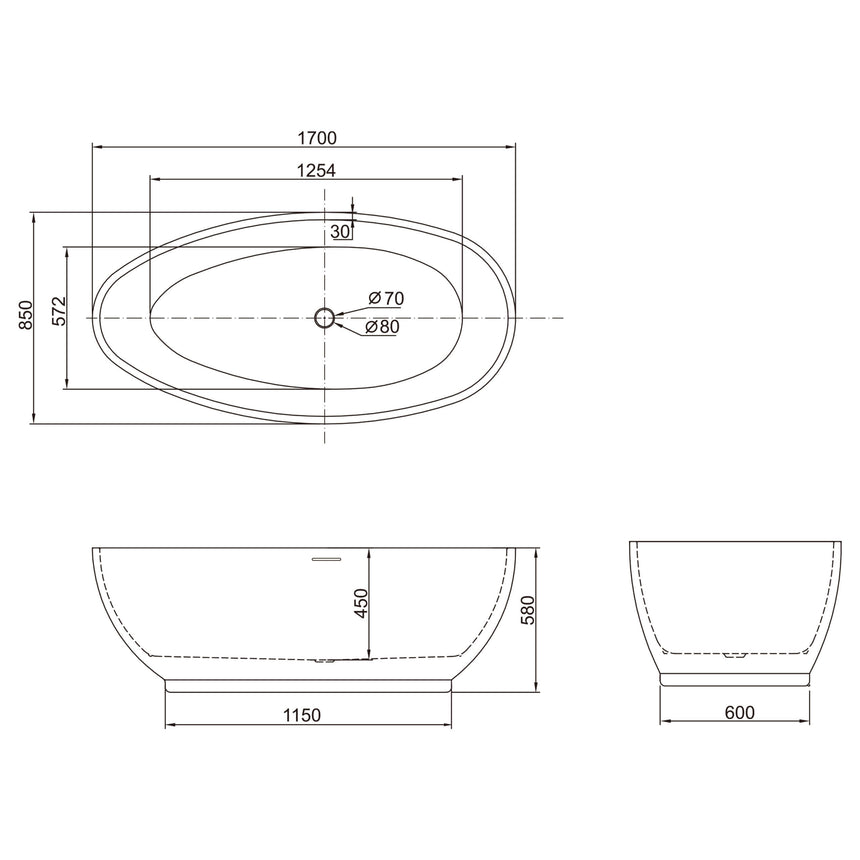Bath technical dimensions diagram for BelBagno Aveo 1700mm freestanding acrylic bathtub by Tilemall