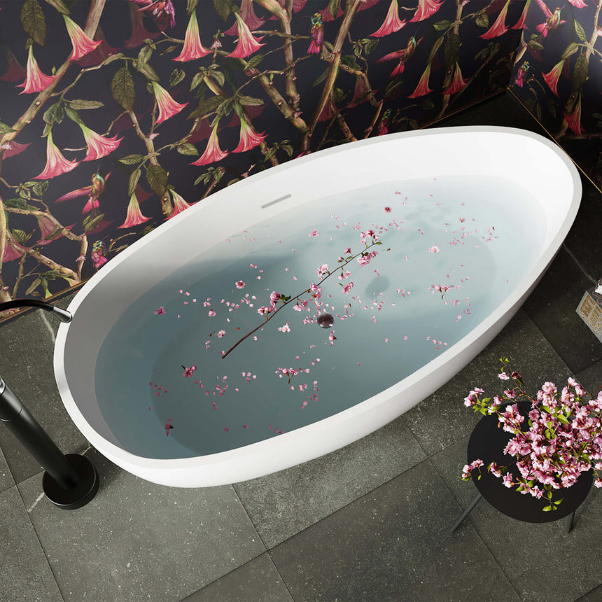 BelBagno Bath Aveo freestanding acrylic bathtub filled with water, gloss white finish by Tilemall