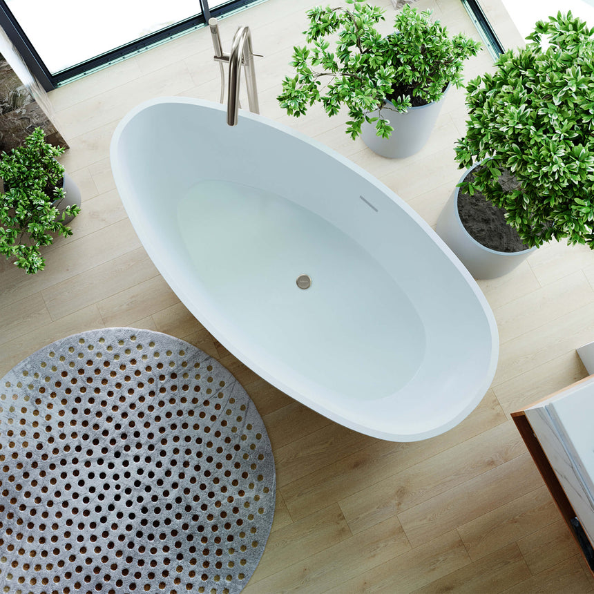 BelBagno Aveo 1700mm freestanding oval acrylic bath, gloss white, top-down view by Tilemall