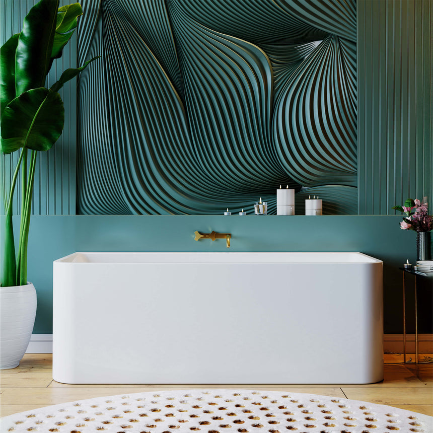 BelBagno Bath Alto back-to-wall acrylic bathtub 1500mm gloss white installed in bathroom interior by Tilemall