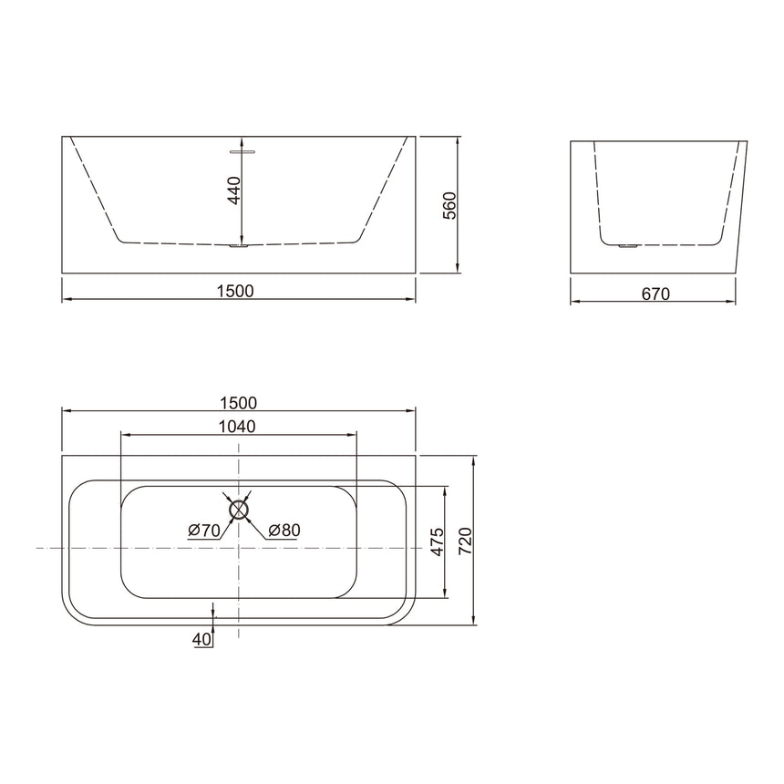 Bath technical dimensions diagram for BelBagno Alto 1500mm back-to-wall acrylic bathtub by Tilemall