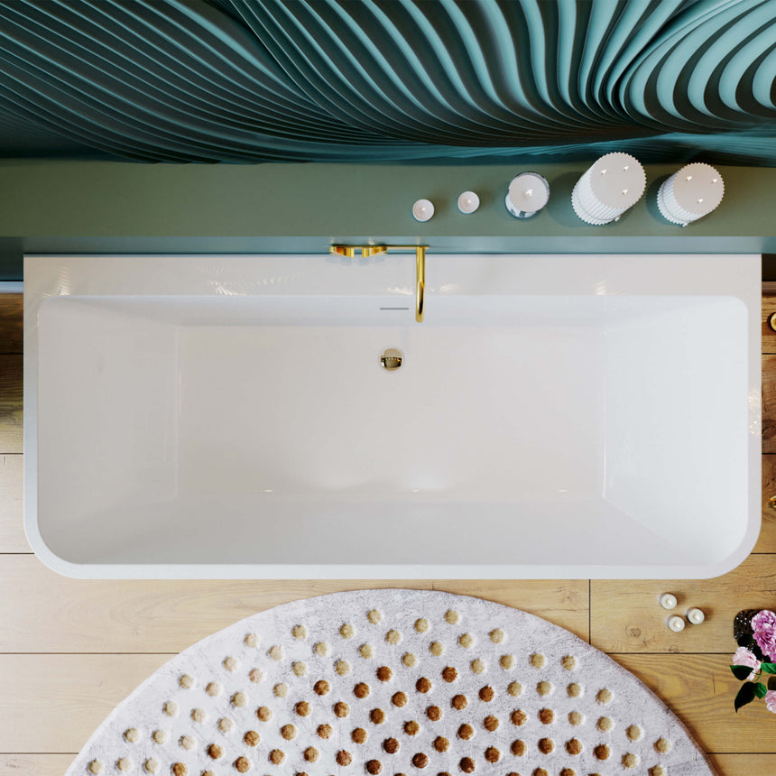 BelBagno Alto back-to-wall acrylic bath by Tilemall, overhead view installed in bathroom
