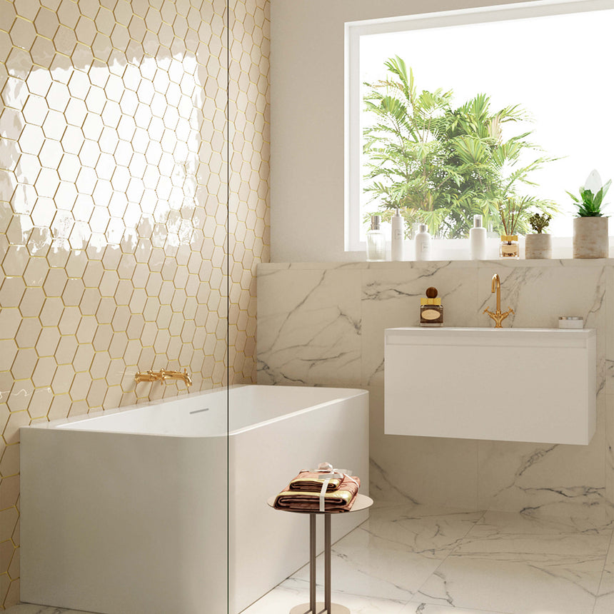 BelBagno Bath Alto acrylic bathtub by Tilemall installed in luxury ensuite with marble cladding