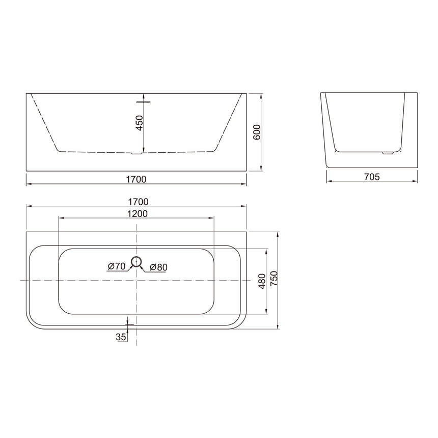 Bath technical dimensions diagram for BelBagno Alto 1700mm back-to-wall acrylic bathtub by Tilemall