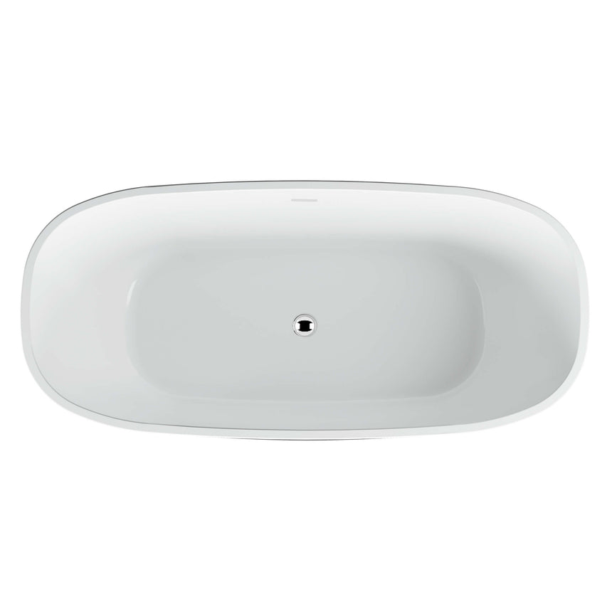 BelBagno Bath top-down view of white oval freestanding bathtub by Tilemall with centre overflow drain