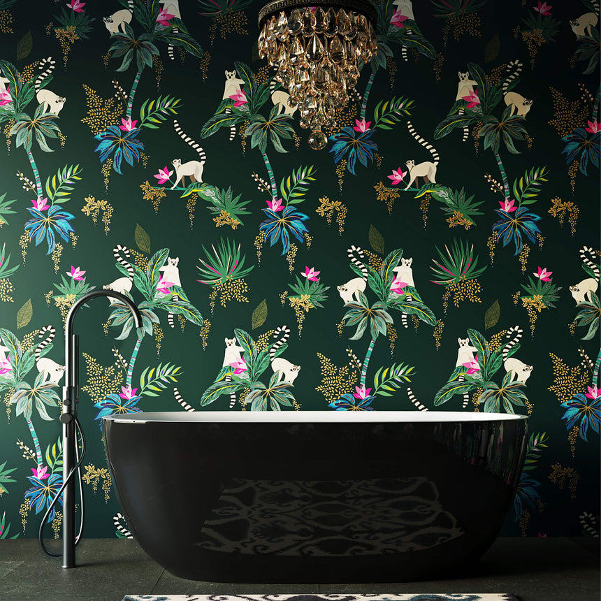 BelBagno Bath Sapphire Black freestanding bathtub in bathroom with patterned green wallpaper and black floor by Tilemall
