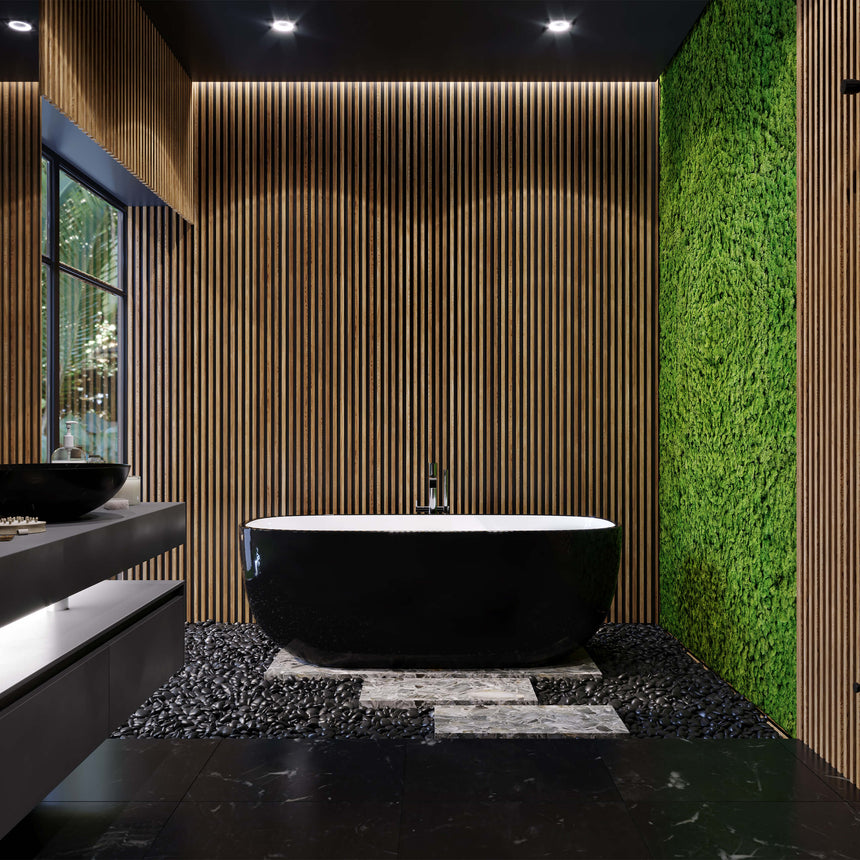 BelBagno Bath sapphire Black freestanding bathtub installed in modern bathroom with green wall moss and wooden slats by Tilemall
