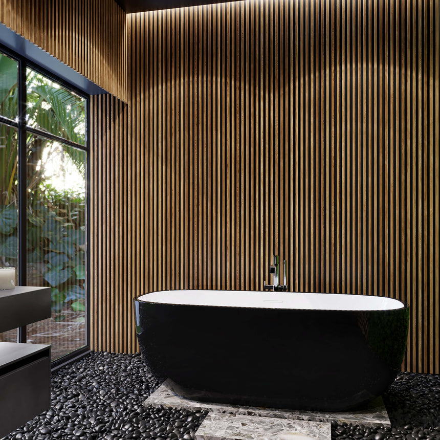 BelBagno Bath Sapphire Black bathtub positioned in spa-style bathroom interior with natural materials by Tilemall