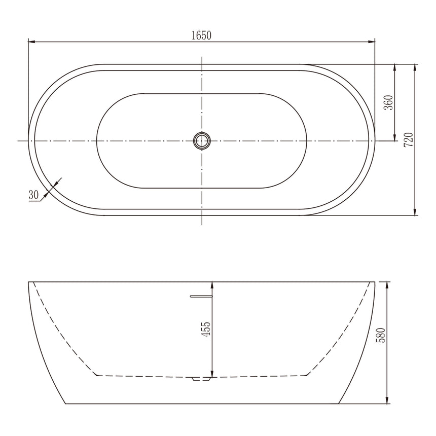 Bath technical dimensions diagram for BelBagno Sapphire Black 1650mm freestanding bathtub by Tilemall