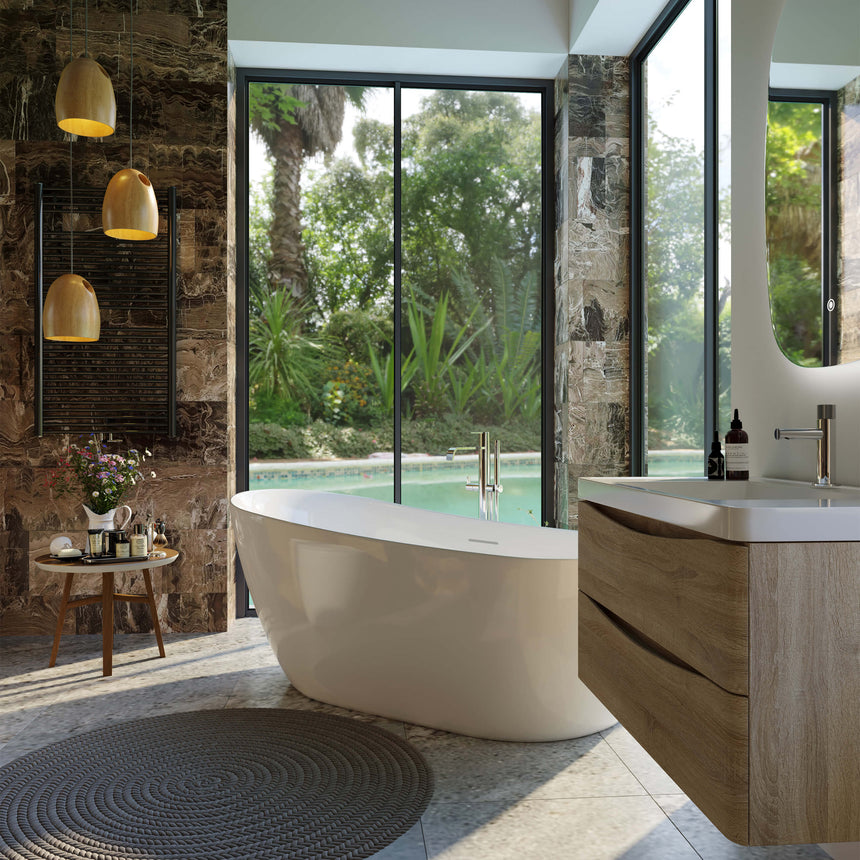 BelBagno Bath Romano gloss white freestanding bathtub by Tilemall in modern ensuite with stone tile wall