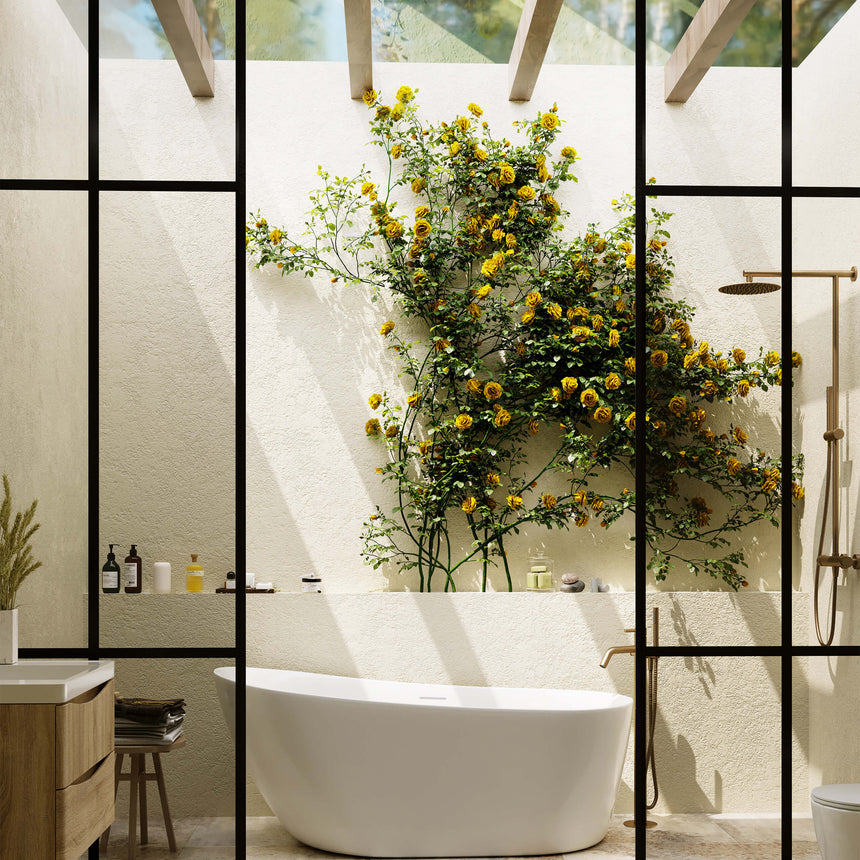 BelBagno Romano 1500mm gloss white freestanding acrylic bath by Tilemall in bathroom with black framed enclosure