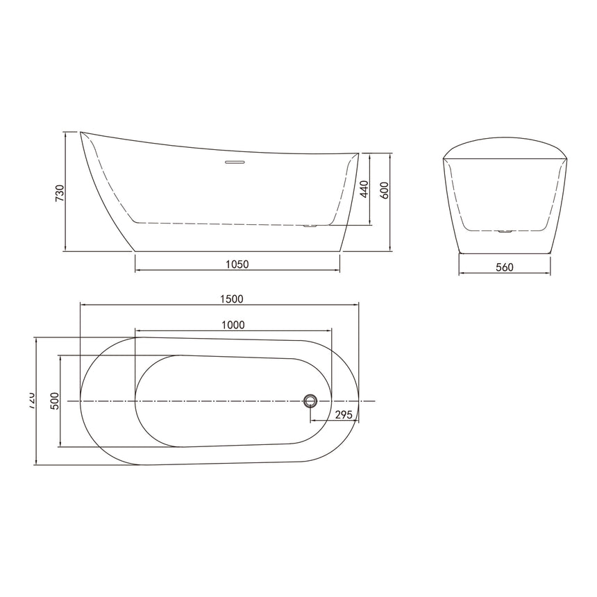 Bath technical dimensions diagram for BelBagno Romano 1500mm freestanding bathtub by Tilemall