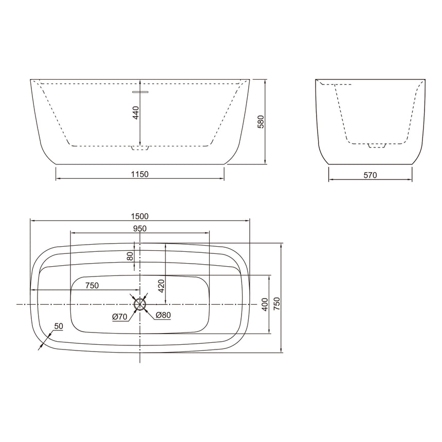 Bath technical dimensions diagram for BelBagno Terriccio 1500mm bathtub showing 1150mm width, 580mm height, and drain by Tilemall