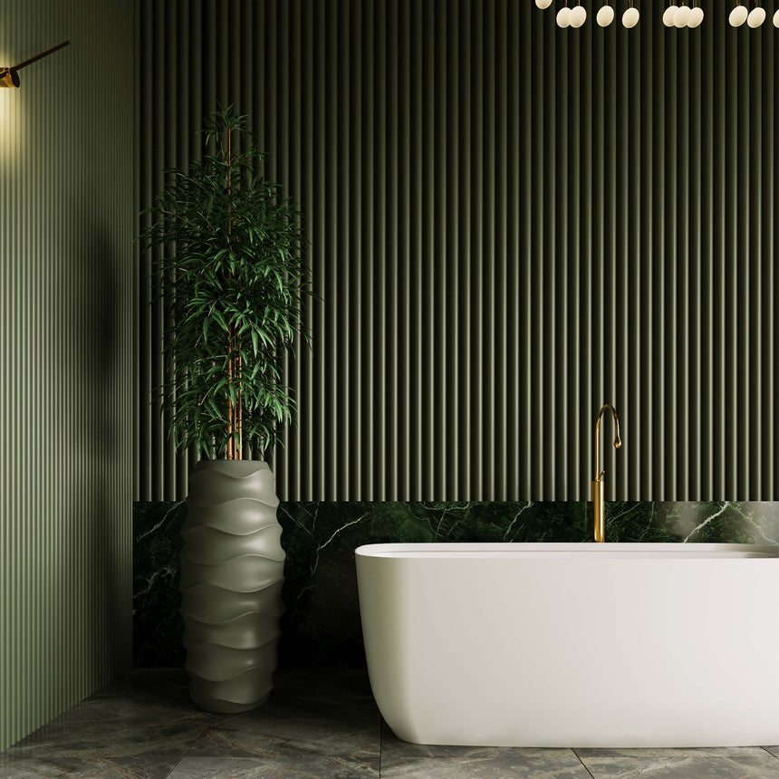 BelBagno Bath Terriccio matte white acrylic freestanding bathtub in ensuite with green feature wall and accent lighting by Tilemall