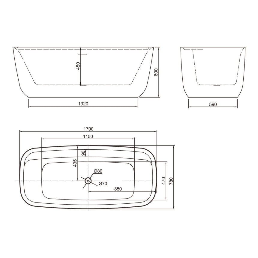 Technical dimensions diagram for BelBagno Terriccio 1700mm freestanding acrylic bath by Tilemall
