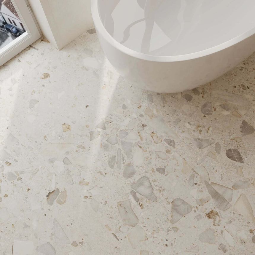 Sassi 600x300 Matt White Terrazzo Look Rectified Terrazzo Look Tiles Tilemall