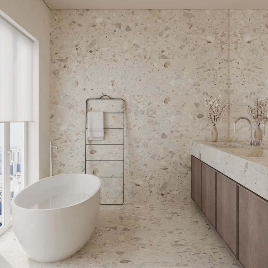 Sassi 1200x600 Matt White Terrazzo Look Rectified Terrazzo Look Tiles Tilemall