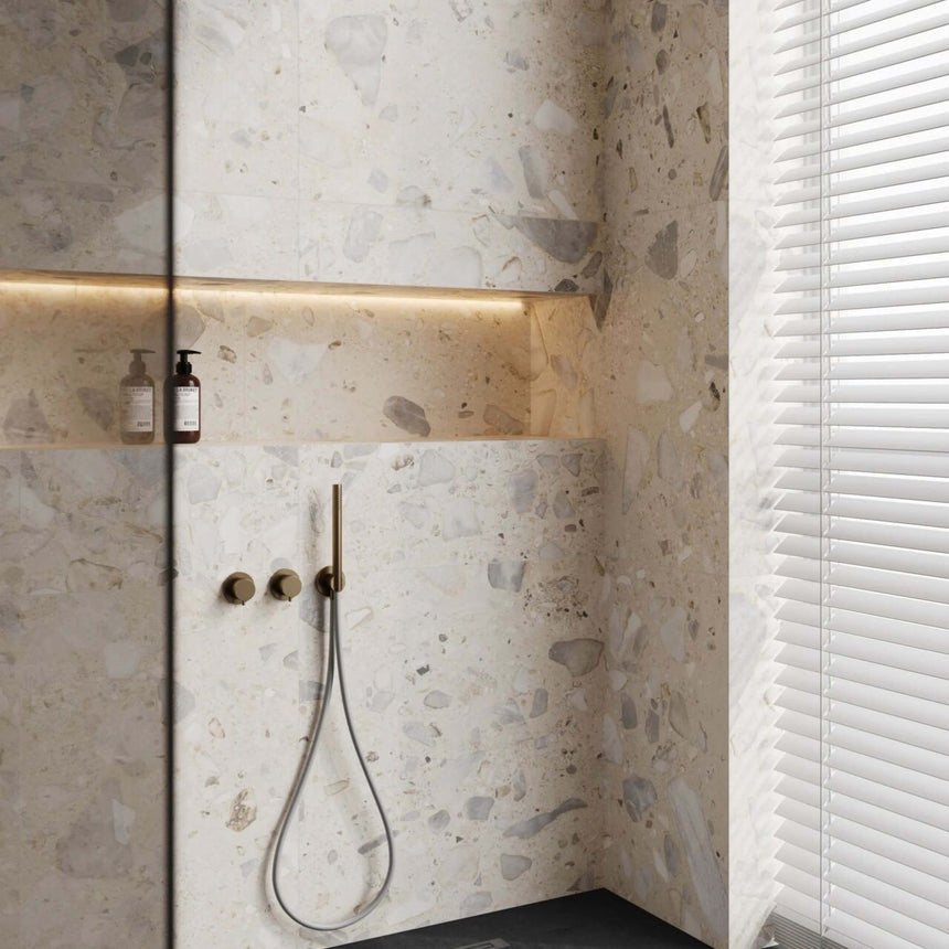 Sassi 600x300 Matt Ivory Terrazzo Look Rectified Terrazzo Look Tiles Tilemall
