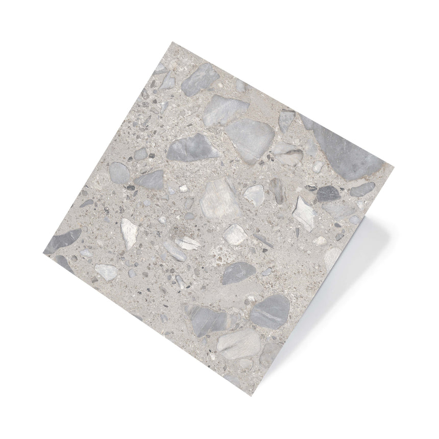Sassi 600x600mm matt taupe terrazzo-look porcelain tile by Tilemall with grey and white stone aggregate