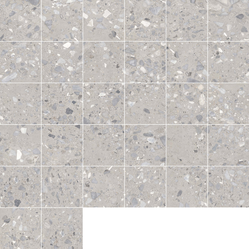 Sassi 600x600mm matt taupe terrazzo porcelain tiles in grid layout showing natural stone fleck variation by Tilemall