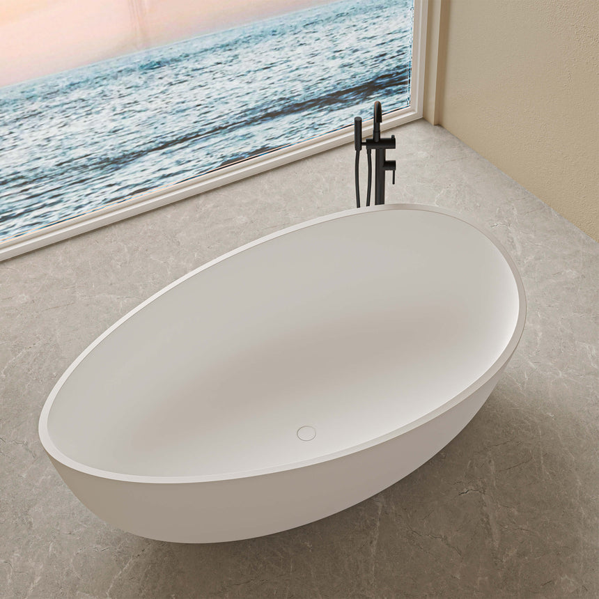 Top view of Waverton 1800mm matte white Lukka solid surface bath showing oval shape and overflow hole by Tilemall